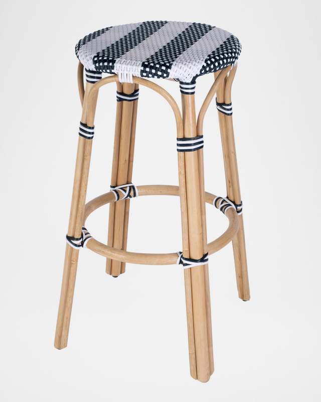 Tobias 30" Rattan Bar Stool, White/Navy Stripe